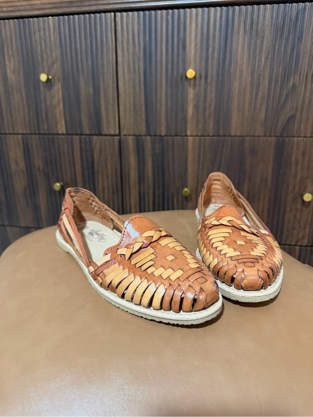 Woven Leather Moccasin Flats in Cognac Tan